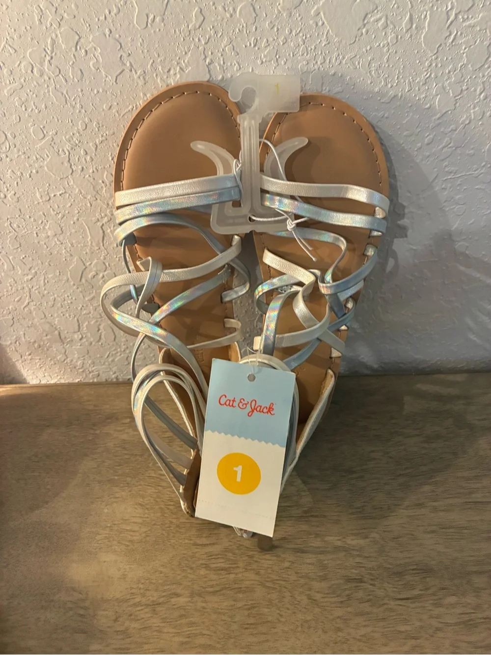 Cat & Jack Girls Size 1 Silver Iridescent Gladiator Sandals NWT